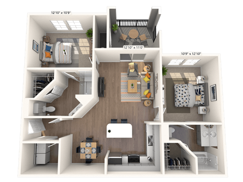 Floor plan for 2 beds, 2 baths, 990 sqft